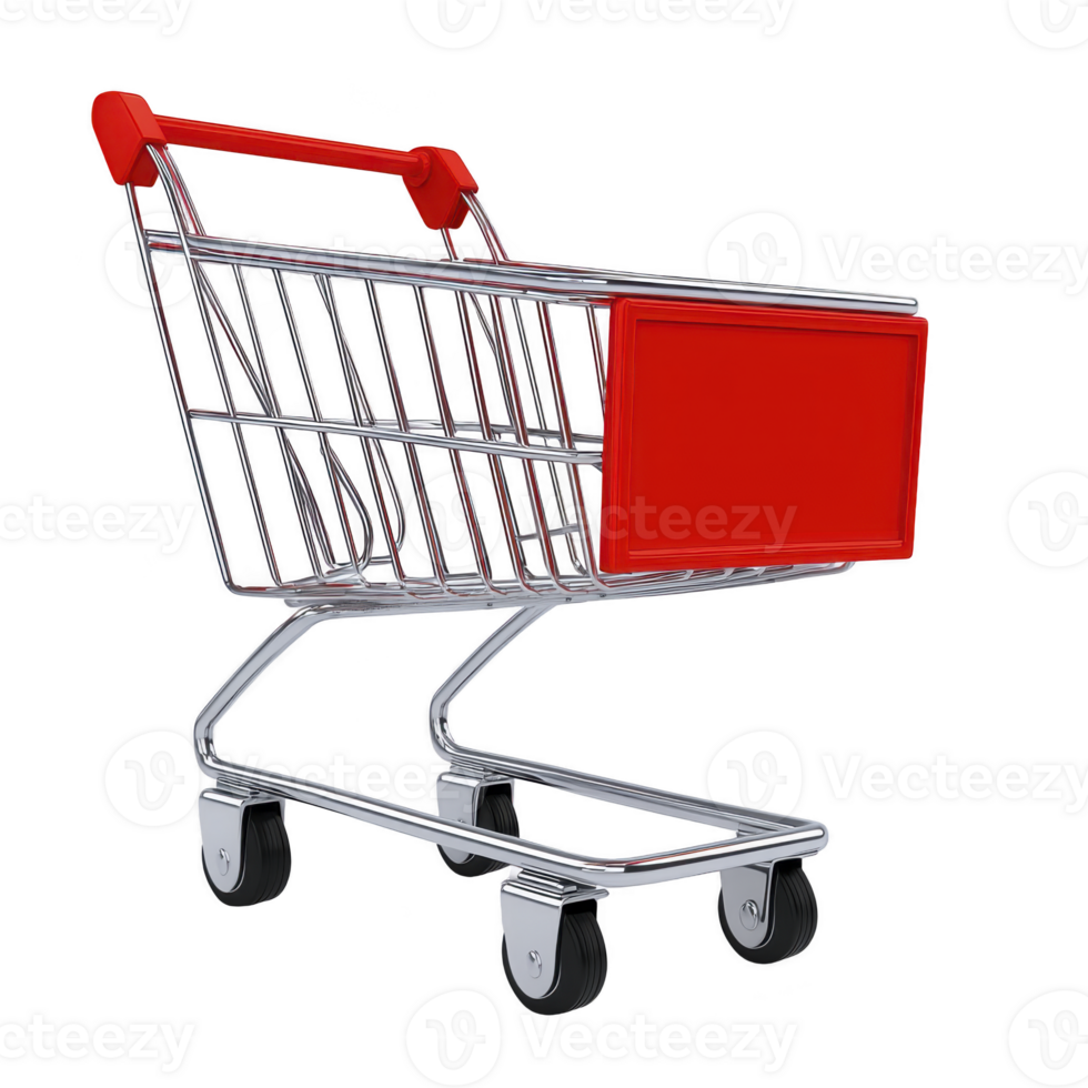 A shiny metal shopping cart with red handle and front panel stands empty against transparency background, highlighting its sleek design and functionality png