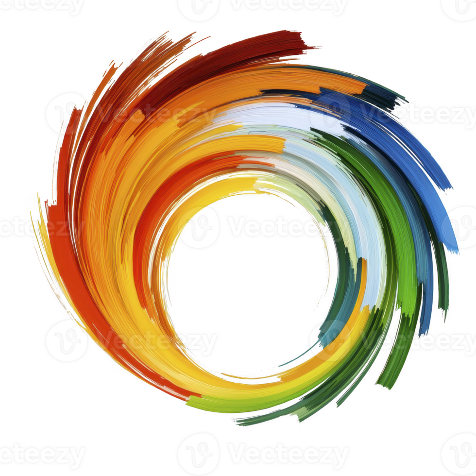 A vibrant swirl of colorful brushstrokes forms circular pattern, blending shades of red, orange, yellow, green, blue, and white, creating dynamic and artistic design png