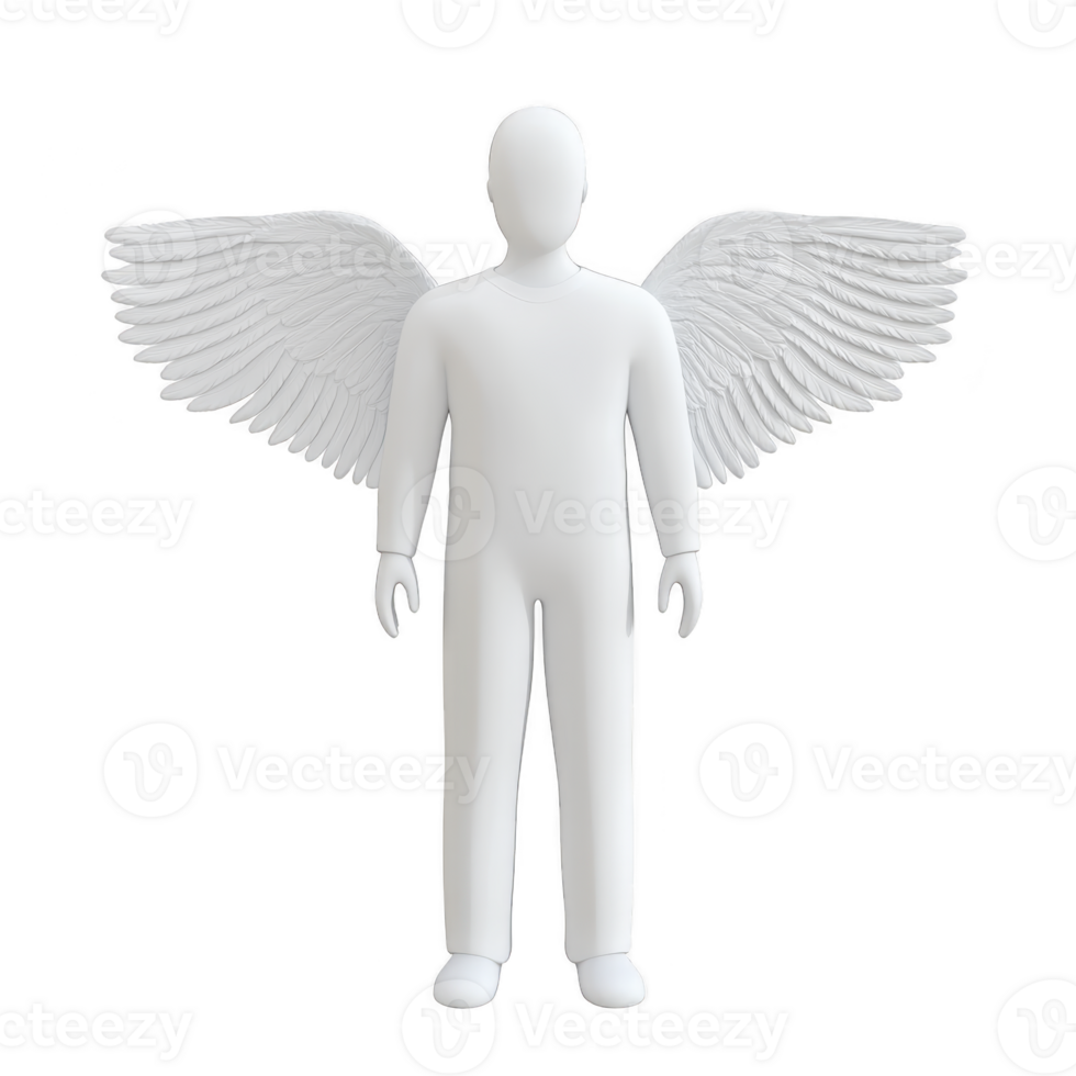 A white, faceless human figure with large, detailed angel wings stands upright, symbolizing purity and spirituality. minimalist design emphasizes simplicity and elegance png
