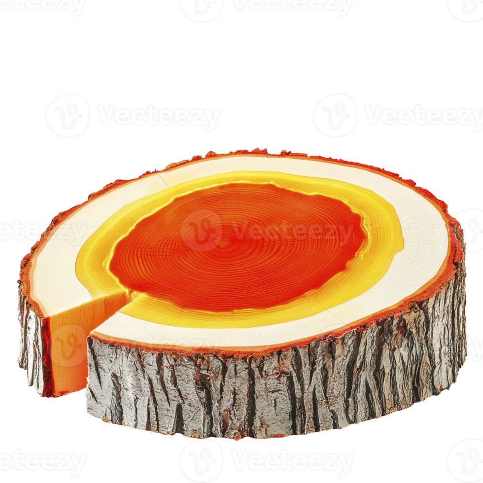 A vibrant, colorful cake designed to resemble tree trunk with slice cut out, showcasing layers of red, orange, and yellow. realistic bark texture adds natural touch png