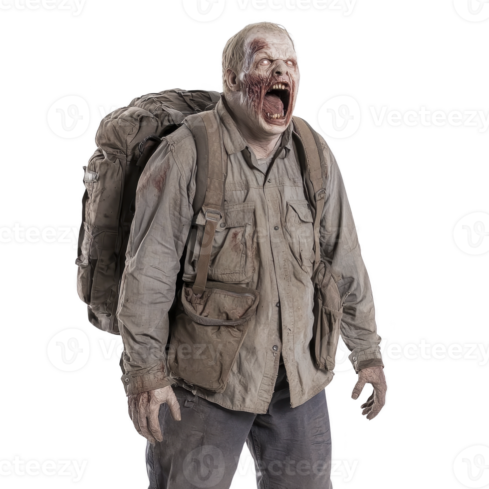 A terrifying zombie with backpack and tattered clothing roars menacingly, showcasing post apocalyptic survivor turned undead png