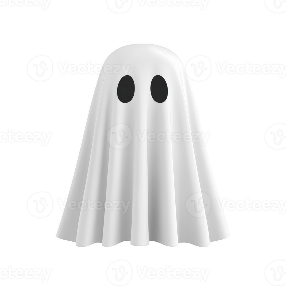 A cartoon ghost with white sheet and black eyes floats against transparent background, evoking playful Halloween theme png