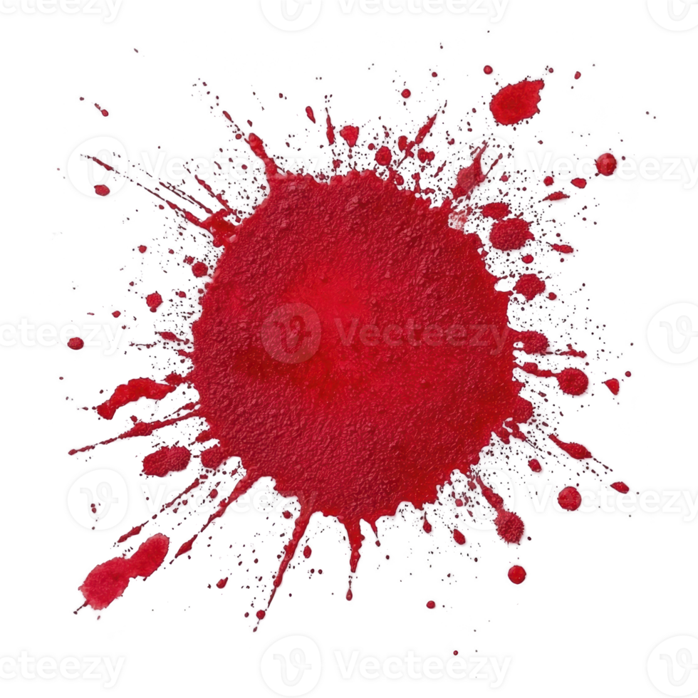 A vibrant red paint splatter on transparency background creates striking visual effect. dynamic burst of color and texture adds artistic flair png