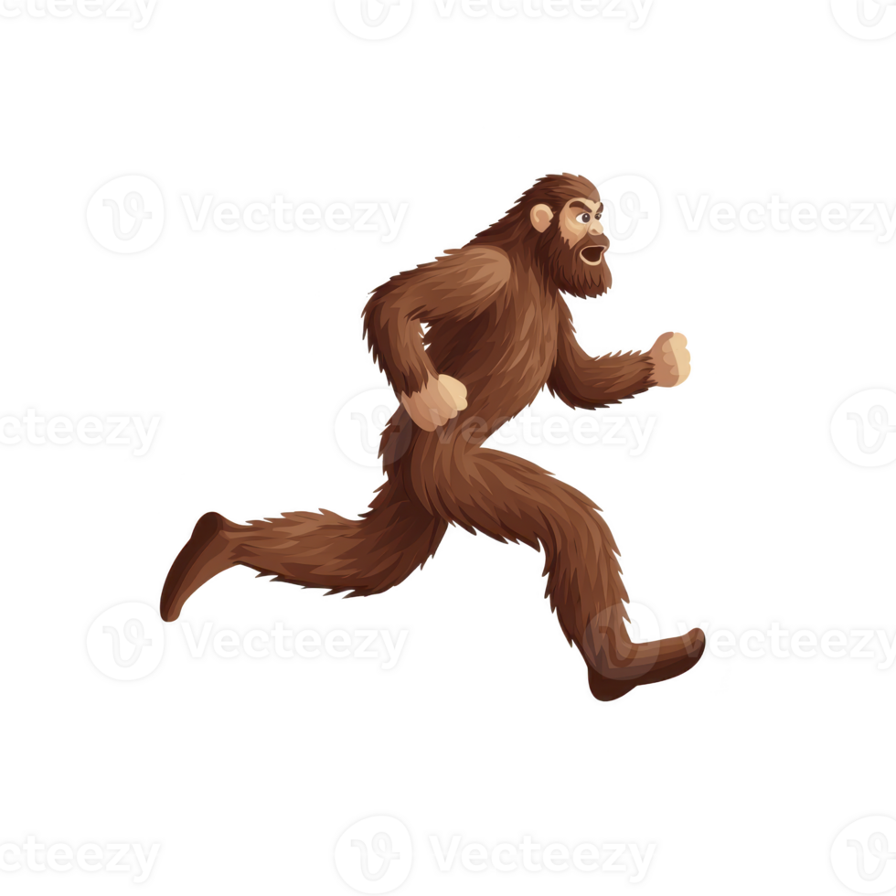 A cartoon illustration of Bigfoot running energetically, showcasing its furry brown appearance and dynamic movement. creature is depicted side view, emphasizing its large size and mythical nature png