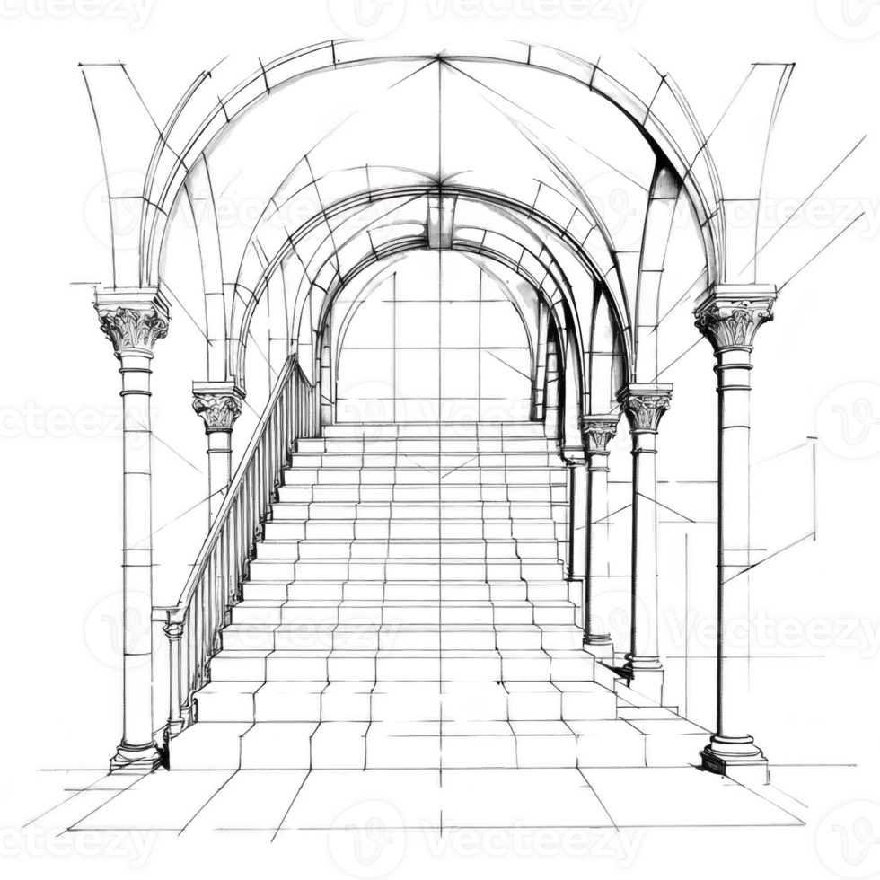 A detailed sketch of grand staircase with arched ceilings and ornate columns, showcasing intricate architectural design. perspective draws viewer eye upward, emphasizing elegance and grandeur of png