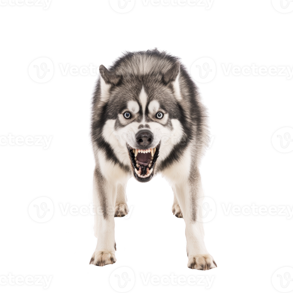 A fierce Siberian Husky with striking blue eyes and thick fur coat stands aggressively, baring its teeth. dog intense expression and posture convey sense of alertness and power png