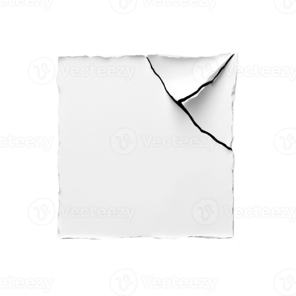 A torn piece of white paper with curled edges and transparency background creates dramatic contrast. texture of paper is rough, adding depth to image png