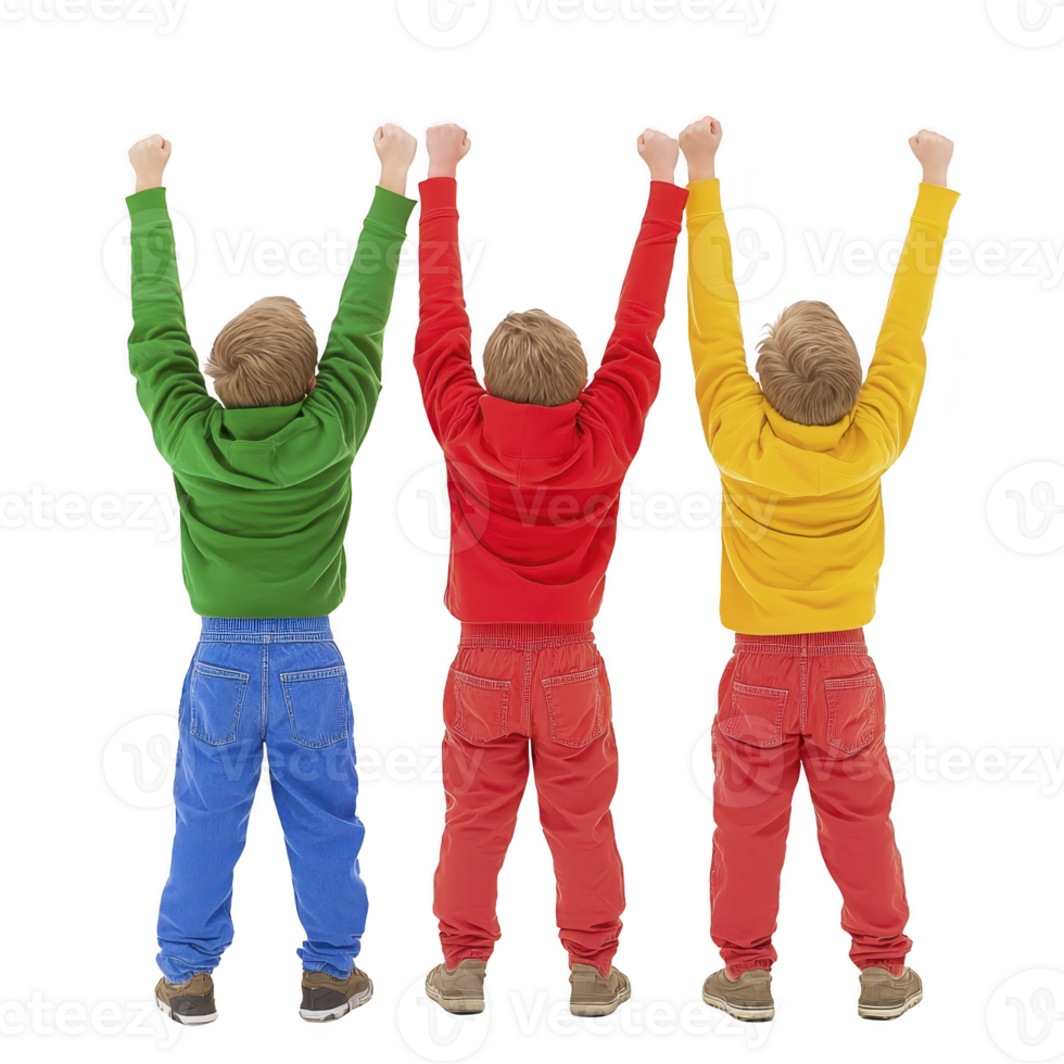 A Three children in colorful outfits stand with their backs to camera, raising their arms in celebration. vibrant clothing includes green, red, and yellow tops paired with blue and red pants png