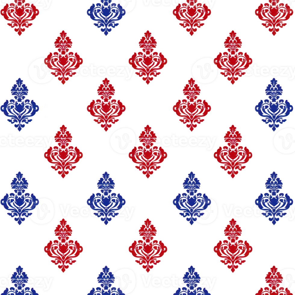A This features seamless pattern of red and blue damask motifs transparency background, creating classic and elegant design. intricate floral elements add touch of sophistication and style png