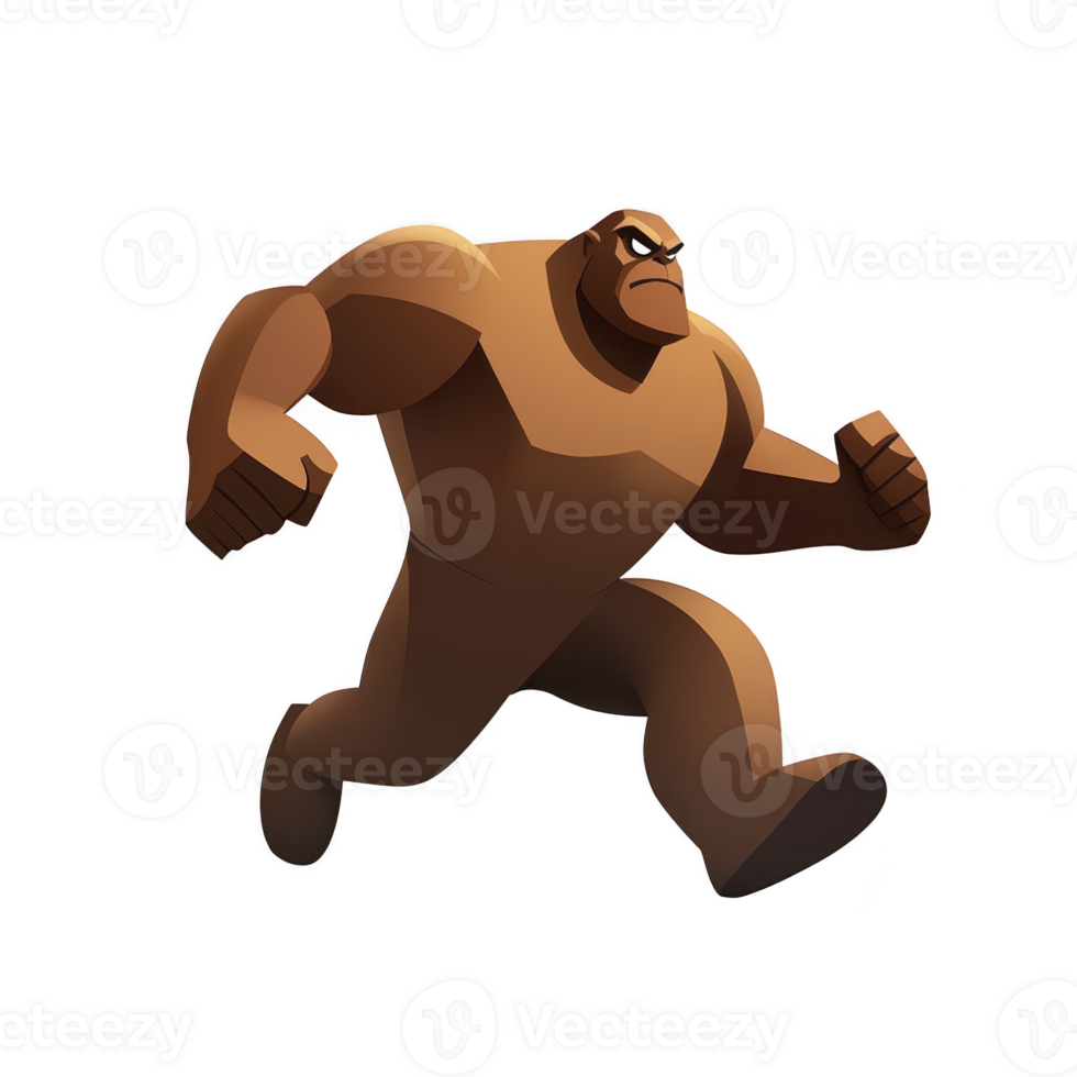 A powerful, muscular cartoon character in dynamic running pose, showcasing strength and determination. character is designed with bold, angular style and brown color scheme png