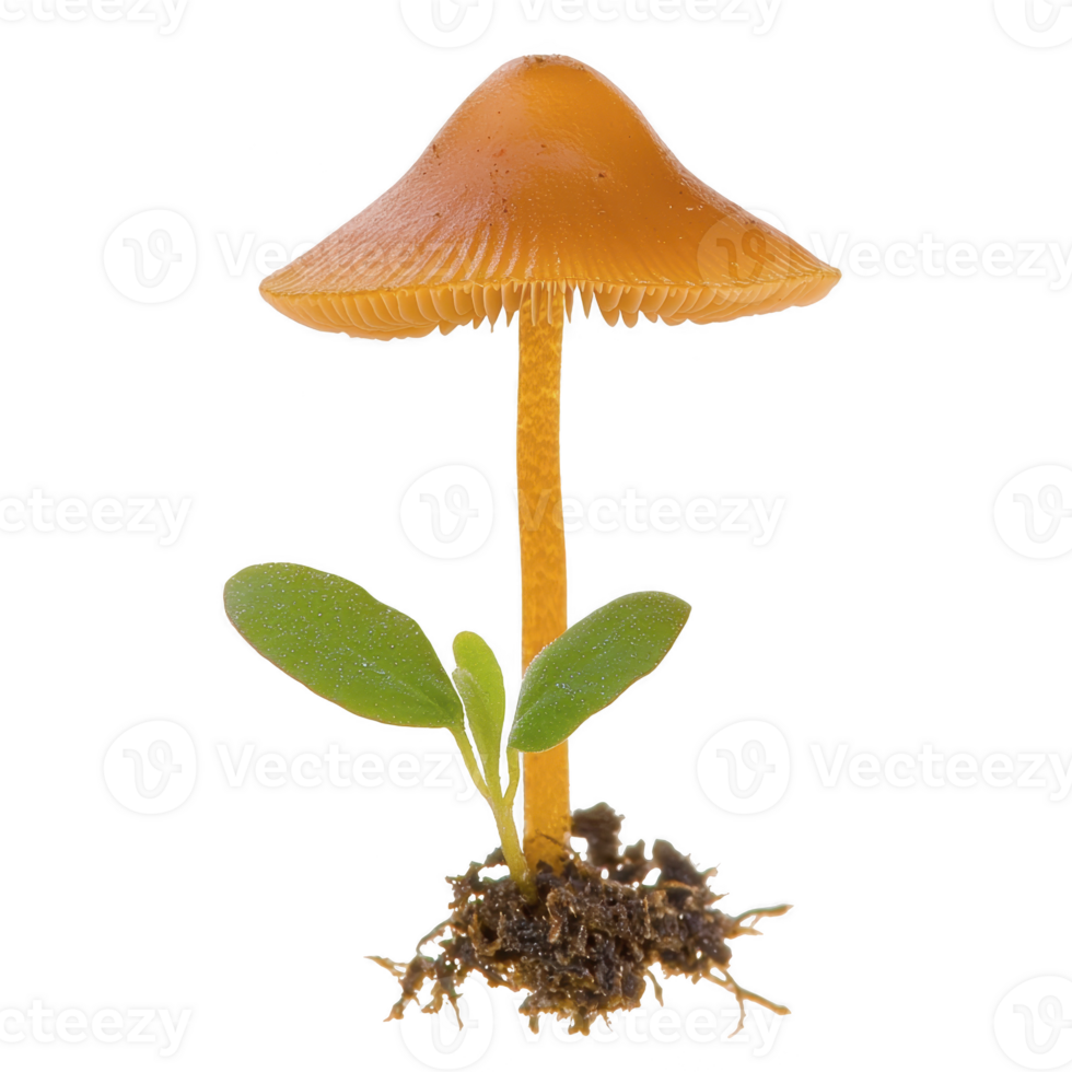 A vibrant orange mushroom with smooth cap stands tall, accompanied by small green plant, both rooted in clump of soil. mushroom delicate gills are visible beneath cap png