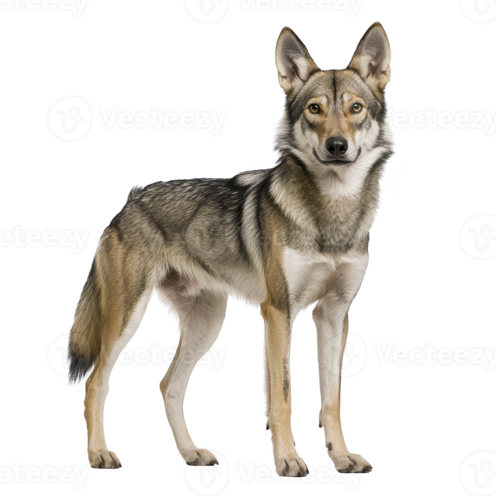 A majestic wolfdog stands confidently, showcasing its striking fur pattern and alert expression. animal posture and gaze convey sense of strength and intelligence png