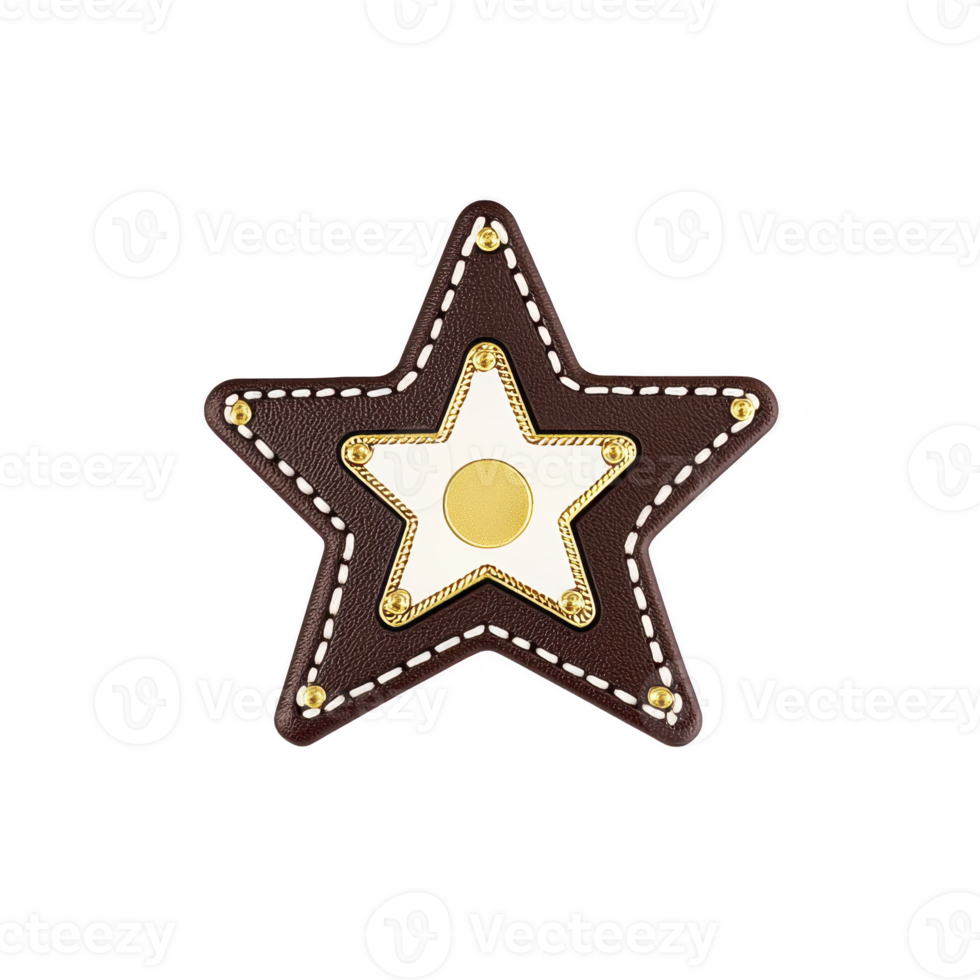 A sheriff badge with star shape, featuring brown leather texture and gold accents, symbolizing authority and law enforcement png