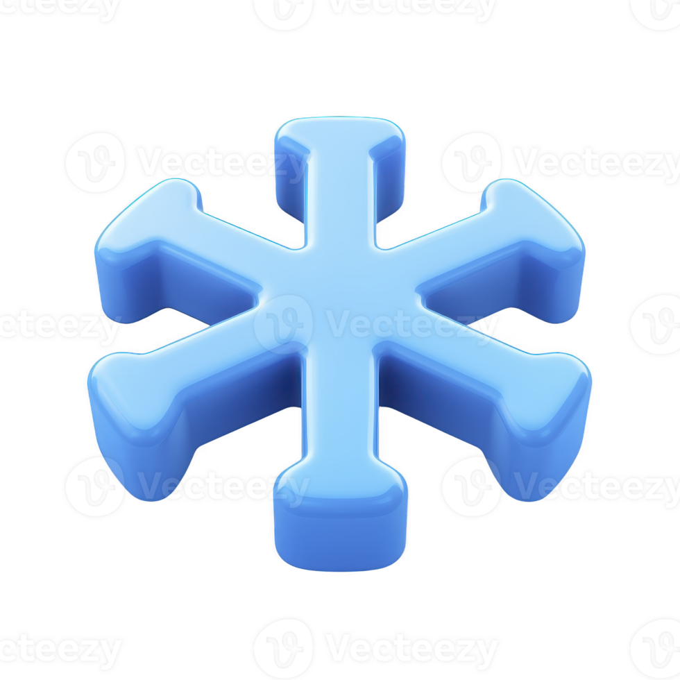 A blue 3D snowflake icon with glossy finish, symbolizing winter and cold weather. snowflake has symmetrical design with six arms, each featuring smooth, rounded edge png