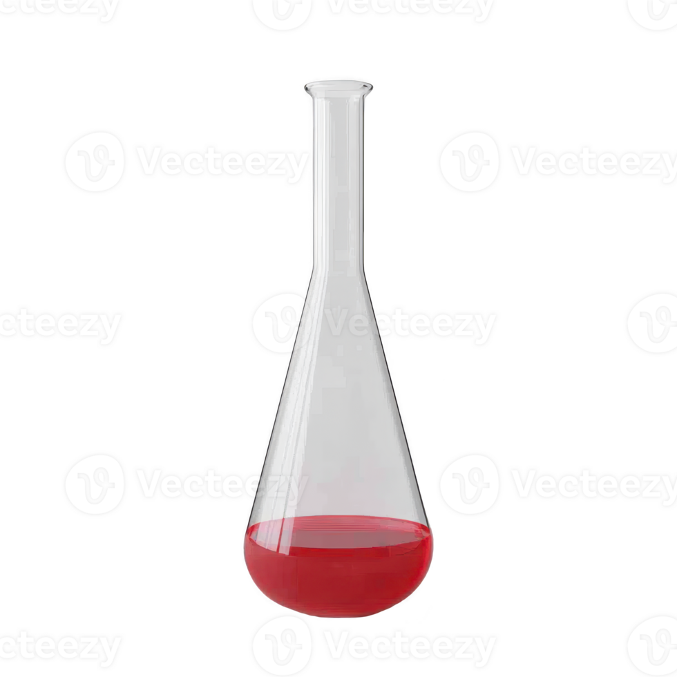 clear glass flask with long neck contains vibrant red liquid, suggesting scientific or laboratory setting. flask elegant shape and liquid rich color create striking visual contrast png