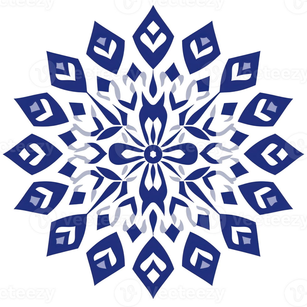 A This features symmetrical, intricate blue mandala design with geometric patterns and central focal point, creating sense of harmony and balance png