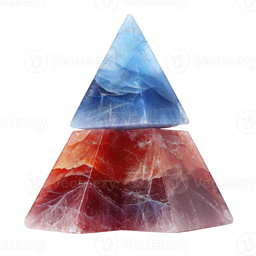 A Two colorful crystal pyramids, one blue and one red, stacked top of each other, showcasing their vibrant hues and intricate patterns. image highlights beauty and symmetry of these geometric shapes png