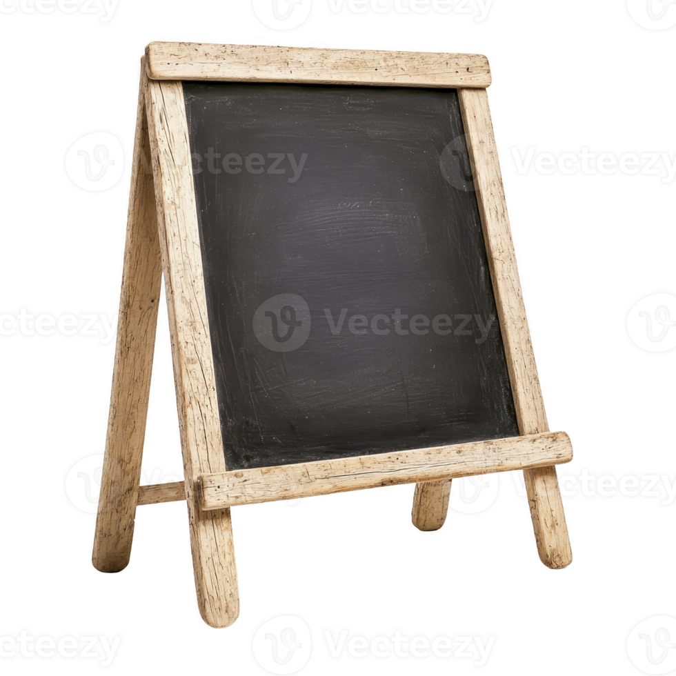 A rustic wooden easel chalkboard stands on transparency background, perfect for displaying messages or menus. chalkboard has vintage feel with its weathered wood frame, adding charm to any setting png