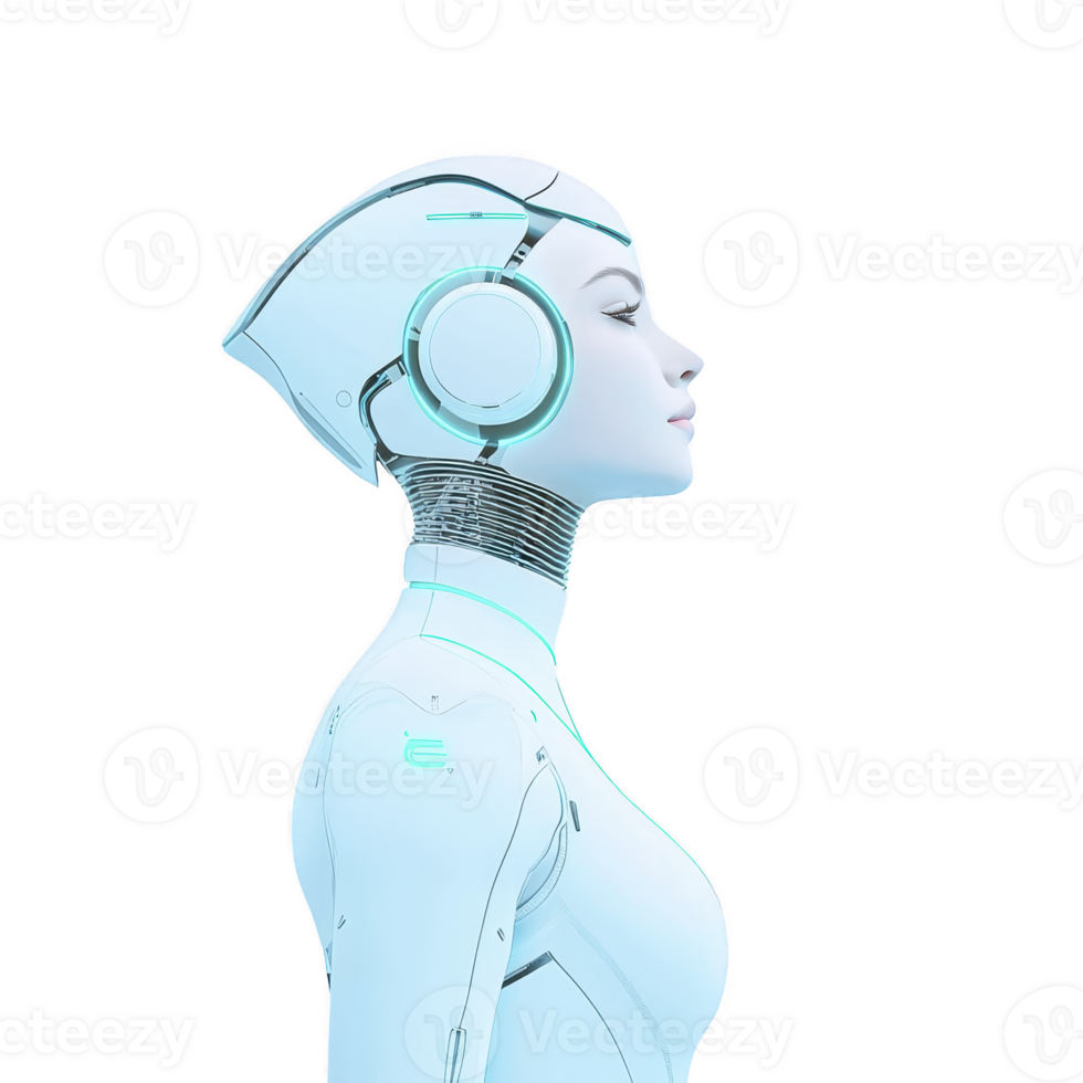 futuristic humanoid robot with sleek white and blue design stands in profile, showcasing advanced technology and elegance. robot smooth features and glowing accents highlight its modernity png