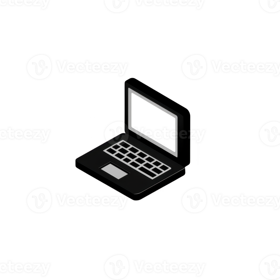 simple isometric illustration of laptop with black and gray color scheme, showcasing minimalist design. laptop is open, displaying keyboard and screen png