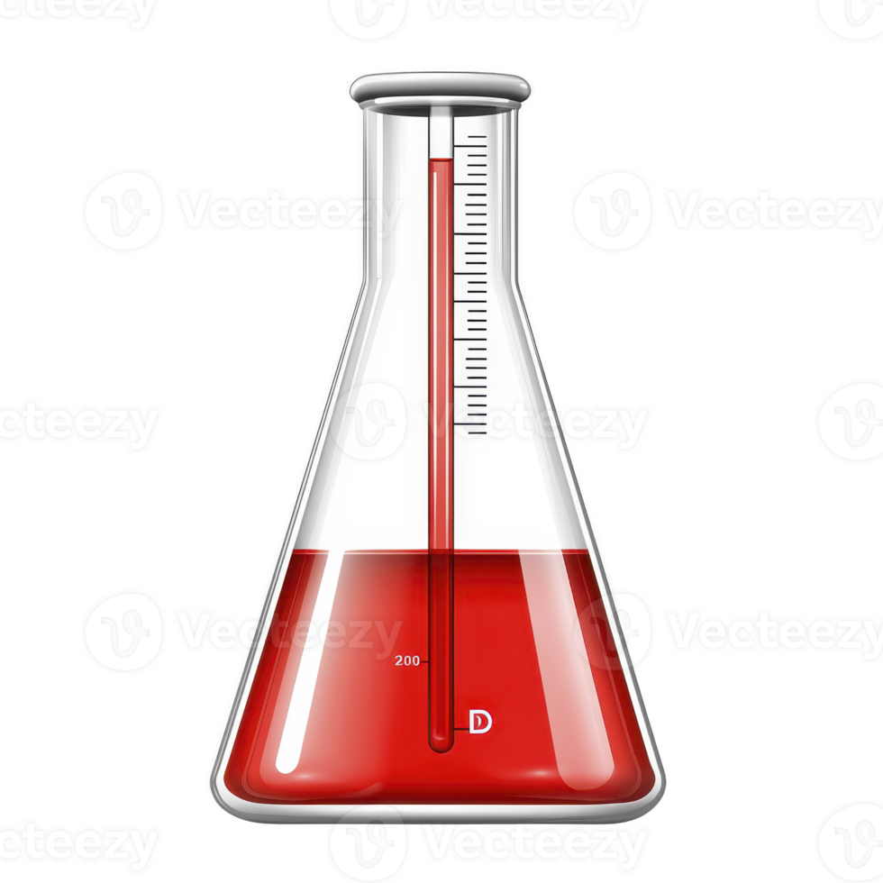 glass Erlenmeyer flask filled with red liquid and thermometer inside, used in scientific experiments. flask is marked with measurement lines, indicating volume png