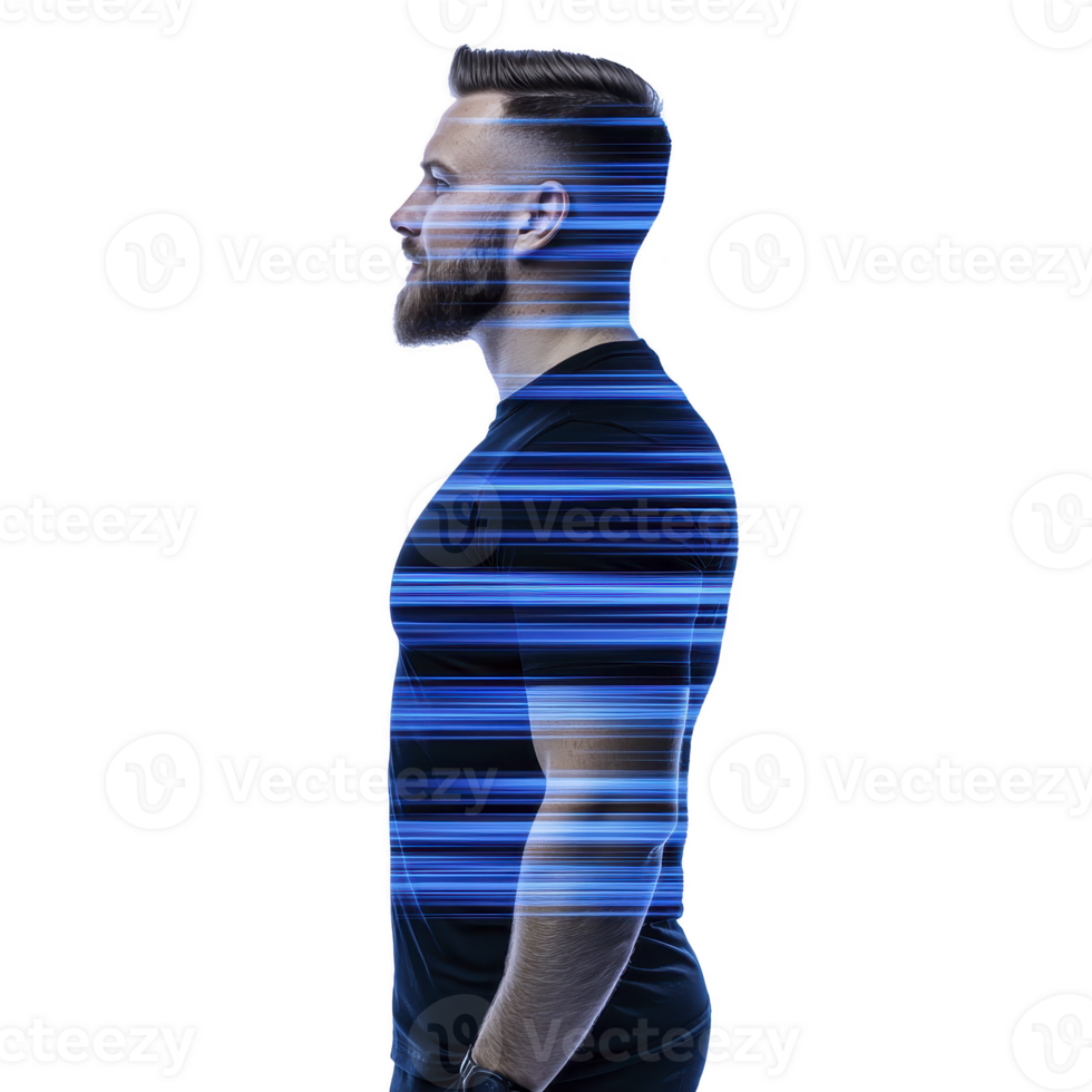 A man in profile with digital blue light streaks across his body, symbolizing technology and speed. futuristic effect creates dynamic and modern look, blending human and digital elements seamlessly png