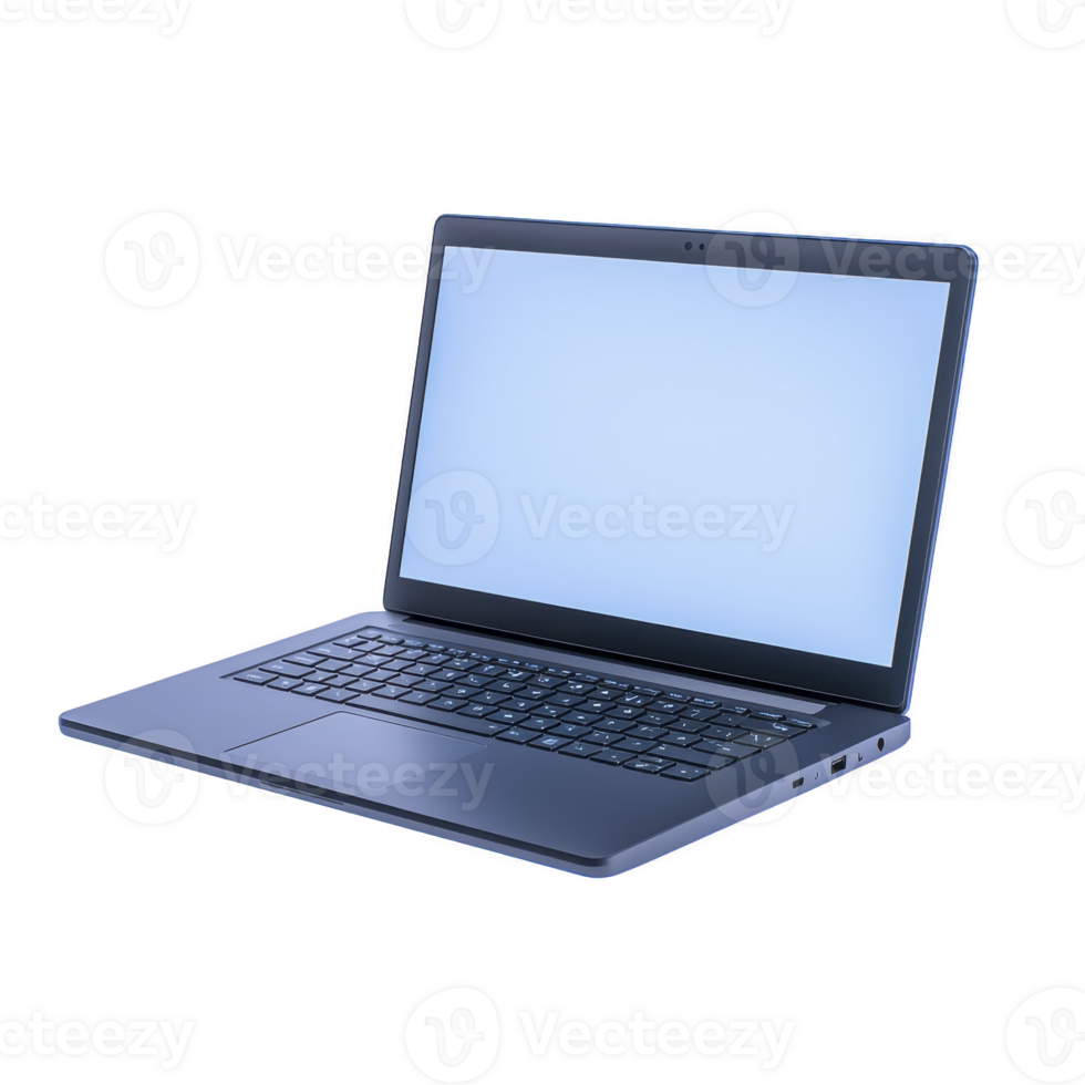 sleek, modern laptop with blank screen is open, showcasing its keyboard and touchpad. device is angled to right, highlighting its slim design and multiple ports on side png