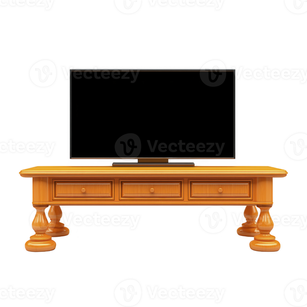 sleek, modern flat screen TV sits on classic wooden TV stand with ornate legs and three drawers, blending contemporary technology with traditional design png
