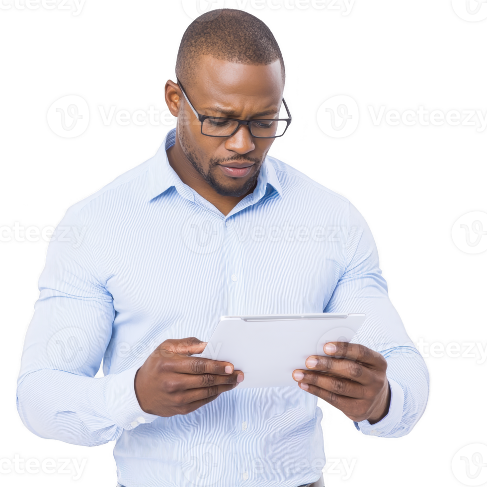 A man in light blue shirt is intently reading tablet, wearing glasses and standing against plain background. His focused expression suggests concentration and engagement with content on device png