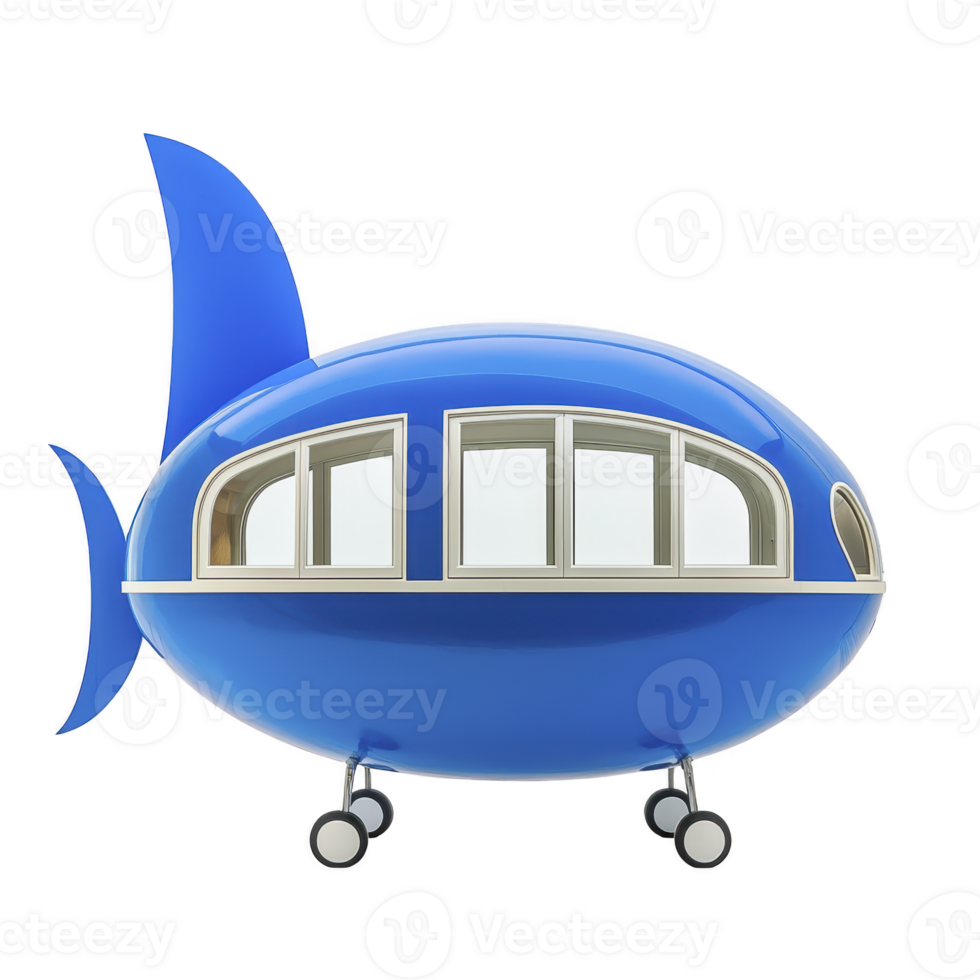 whimsical blue cartoon airplane with fish like tail and large windows, evoking playful and imaginative design. airplane is depicted with wheels, suggesting it is ready for takeoff png