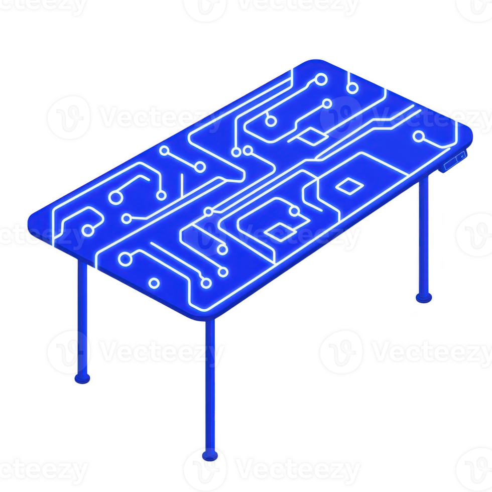 futuristic table with glowing blue circuit pattern on its surface, creating high tech and modern aesthetic. table sleek design and vibrant illumination evoke sense of innovation and technology png