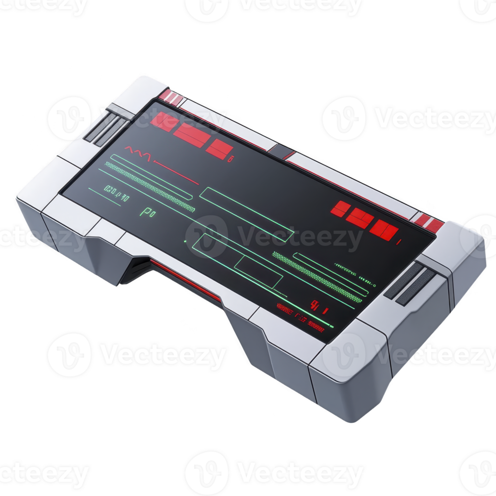 sleek, futuristic handheld device with digital interface displaying various data and graphs, featuring metallic frame and black screen with red and green accents png