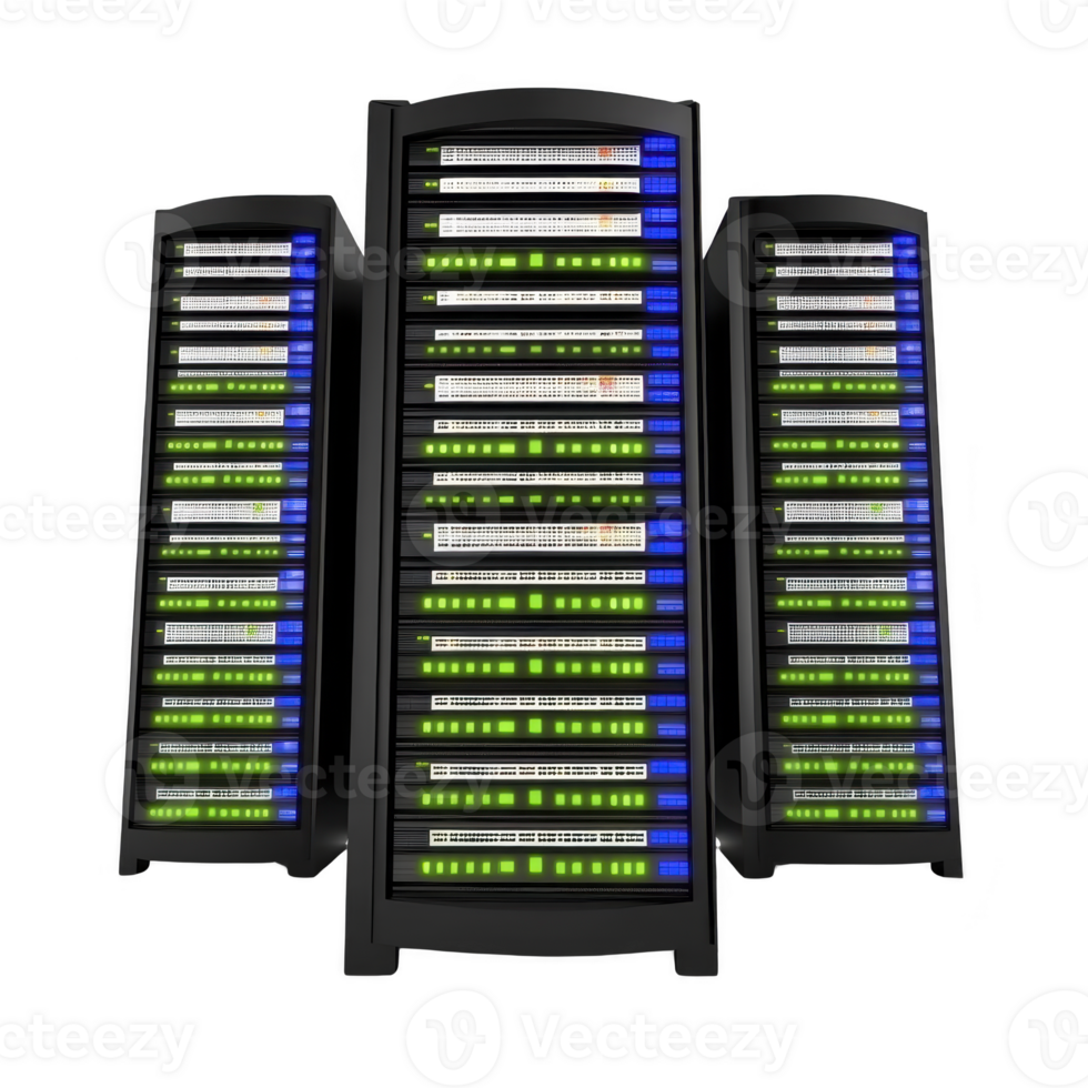 row of three black server racks with glowing green and blue lights, representing data storage and network infrastructure in modern data center png