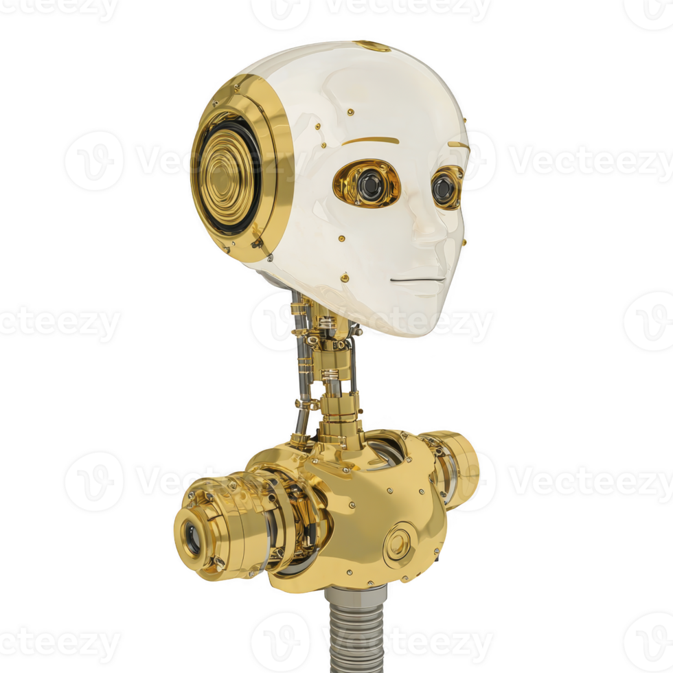 futuristic humanoid robot with sleek white and gold design, featuring expressive eyes and intricate mechanical details, showcases advanced technology and innovation png