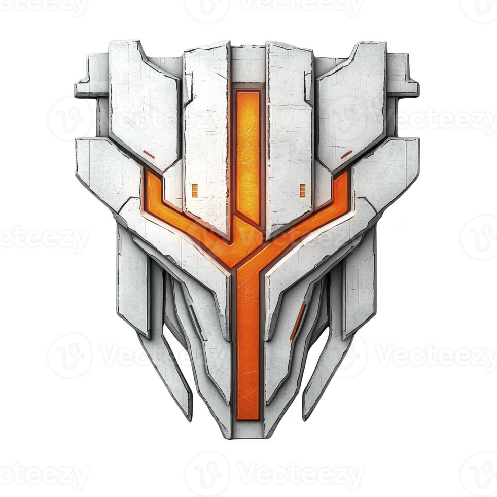 futuristic, metallic emblem with sharp edges and orange accent, resembling shield or crest, evokes sense of strength and innovation. design is symmetrical and sleek png