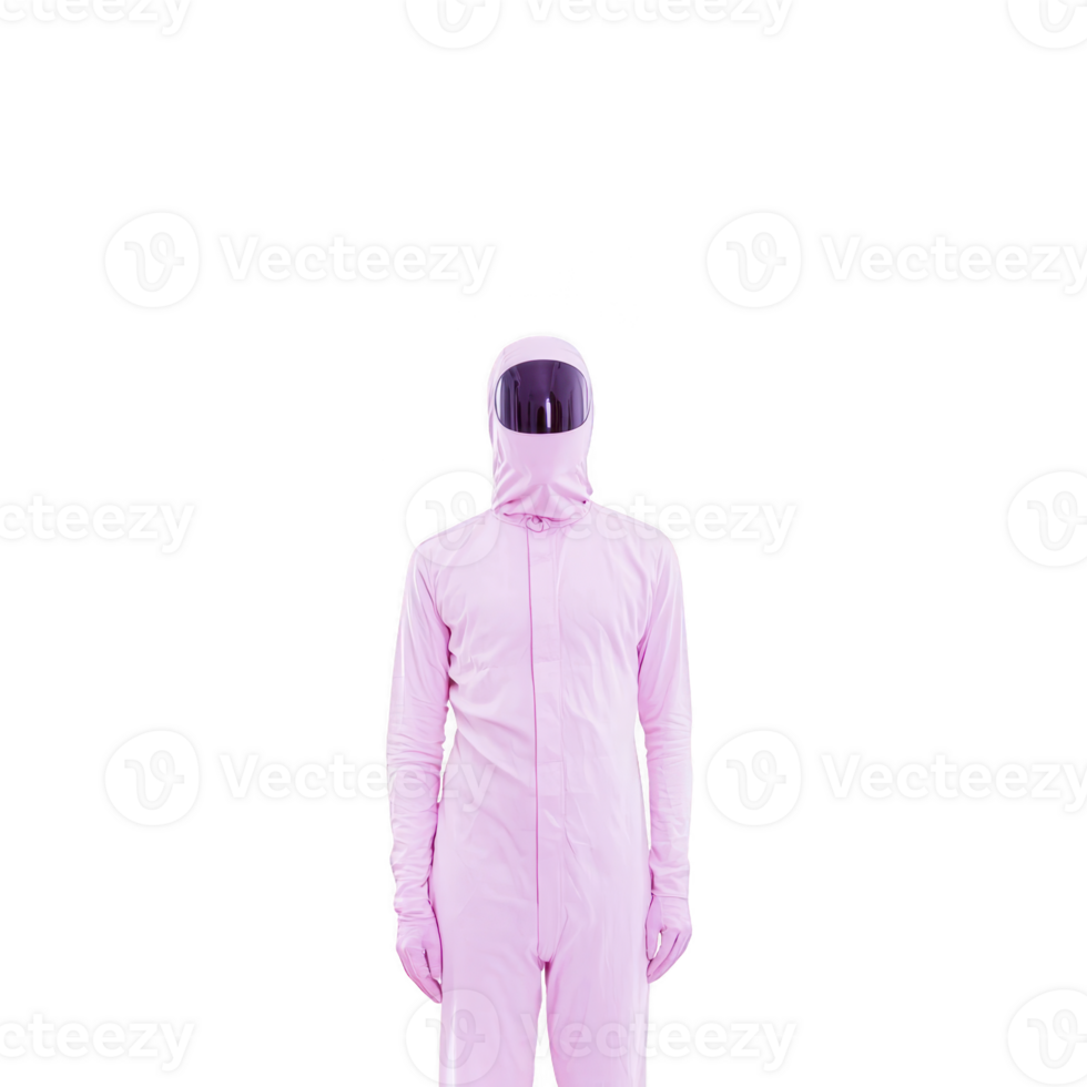 A person in full body pink suit with reflective visor stands against plain background, creating futuristic and mysterious appearance. suit covers entire body, including head and hands png