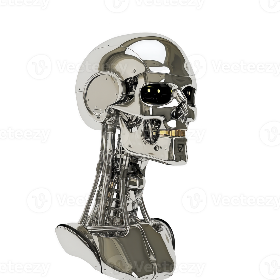futuristic metallic robot head with intricate details and reflective surface, showcasing advanced technology and design. robot structure is sleek and modern, emphasizing innovation png