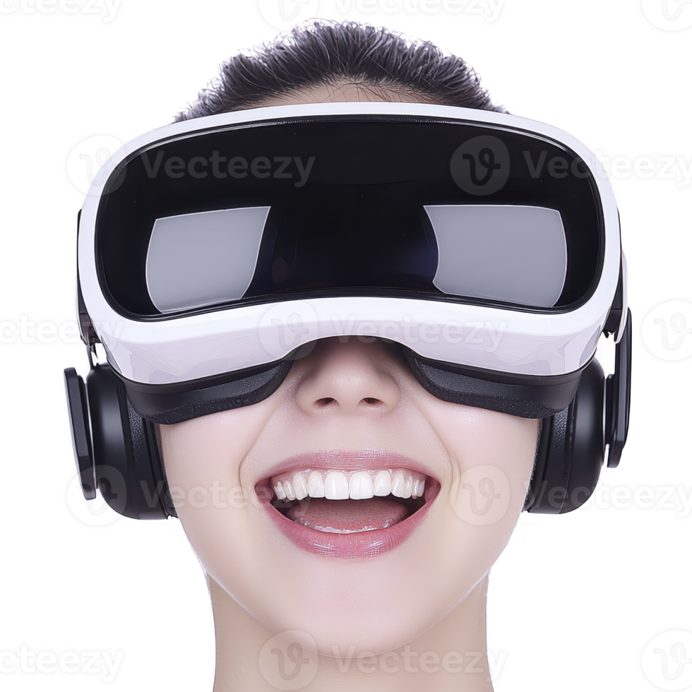 person is joyfully experiencing virtual reality with VR headset, showcasing excitement and immersion in digital technology. headset covers eyes, emphasizing futuristic experience png