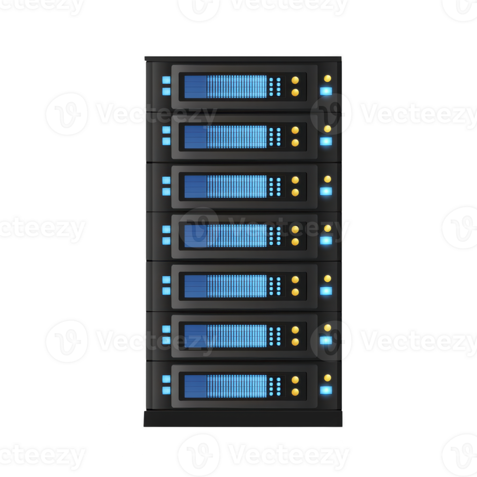 digital illustration of server rack with multiple blue lit servers, showcasing modern technology and data storage. design is sleek and futuristic, emphasizing connectivity and efficiency png