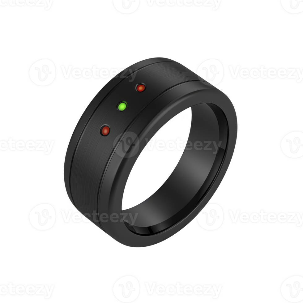 sleek black ring with modern design features three small LED lights, two red and one green, embedded on its surface, suggesting tech inspired accessory png