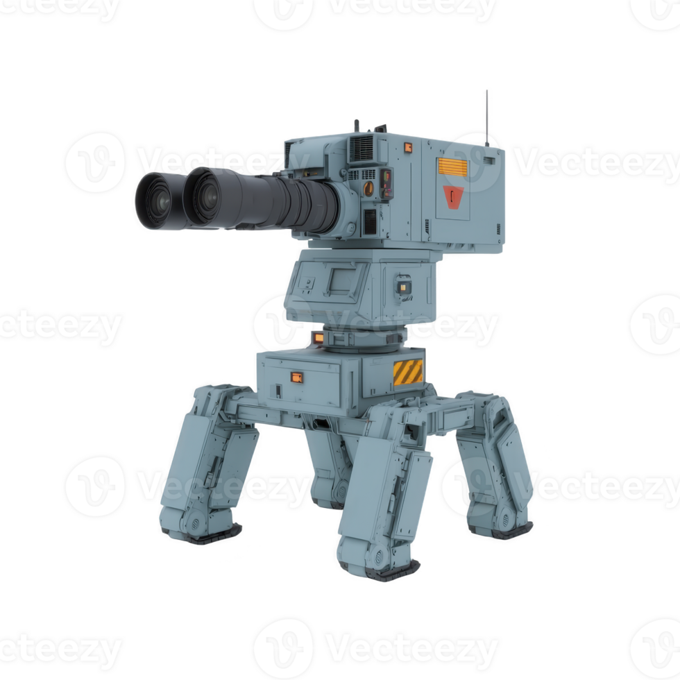 futuristic robotic turret with sleek design stands on four sturdy legs, featuring long barrel and advanced targeting systems, evoking sense of technological advancement png