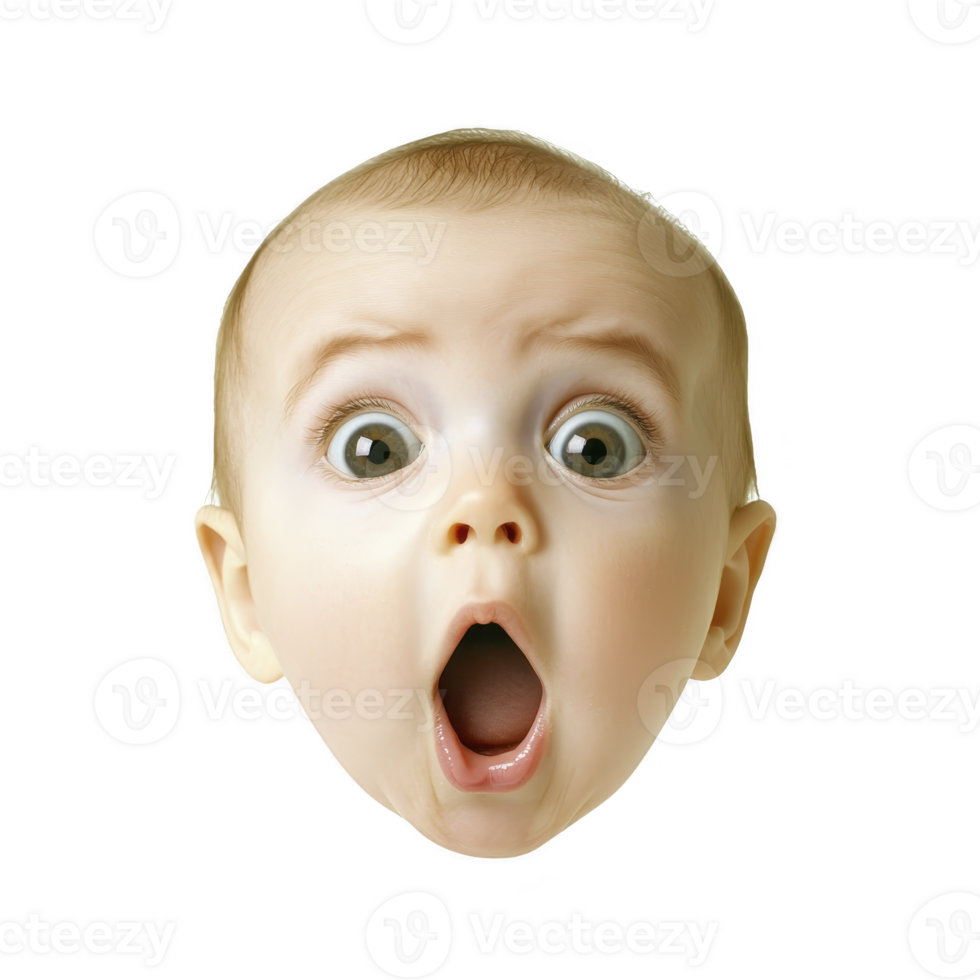 A surprised baby with wide eyes and open mouth on transparency background png