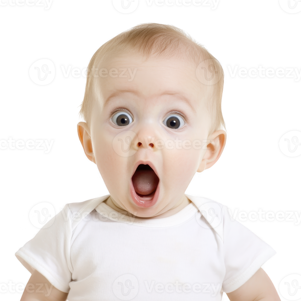 A surprised baby with wide eyes and open mouth wearing white shirt against plain background. expression is one of shock or amazement, capturing candid and adorable moment png