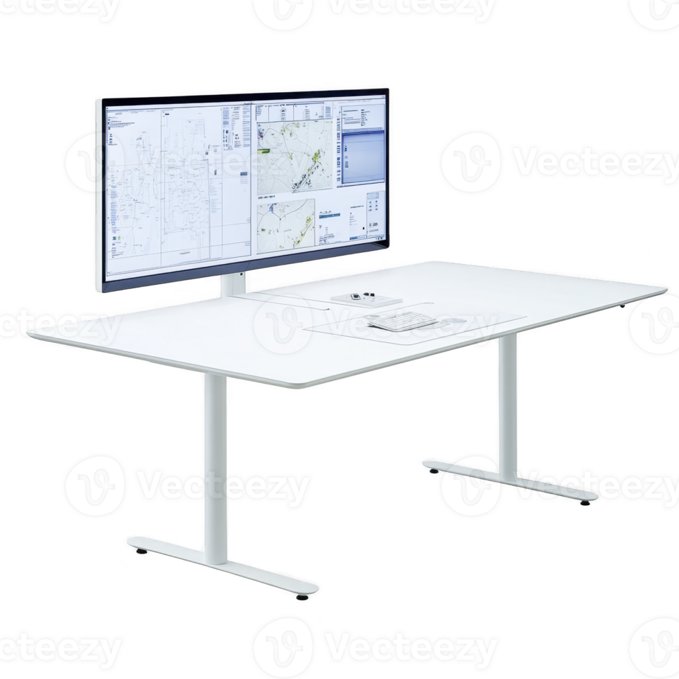 modern white office desk with dual monitors displaying maps and data, creating sleek and efficient workspace. minimalist design enhances productivity and focus png