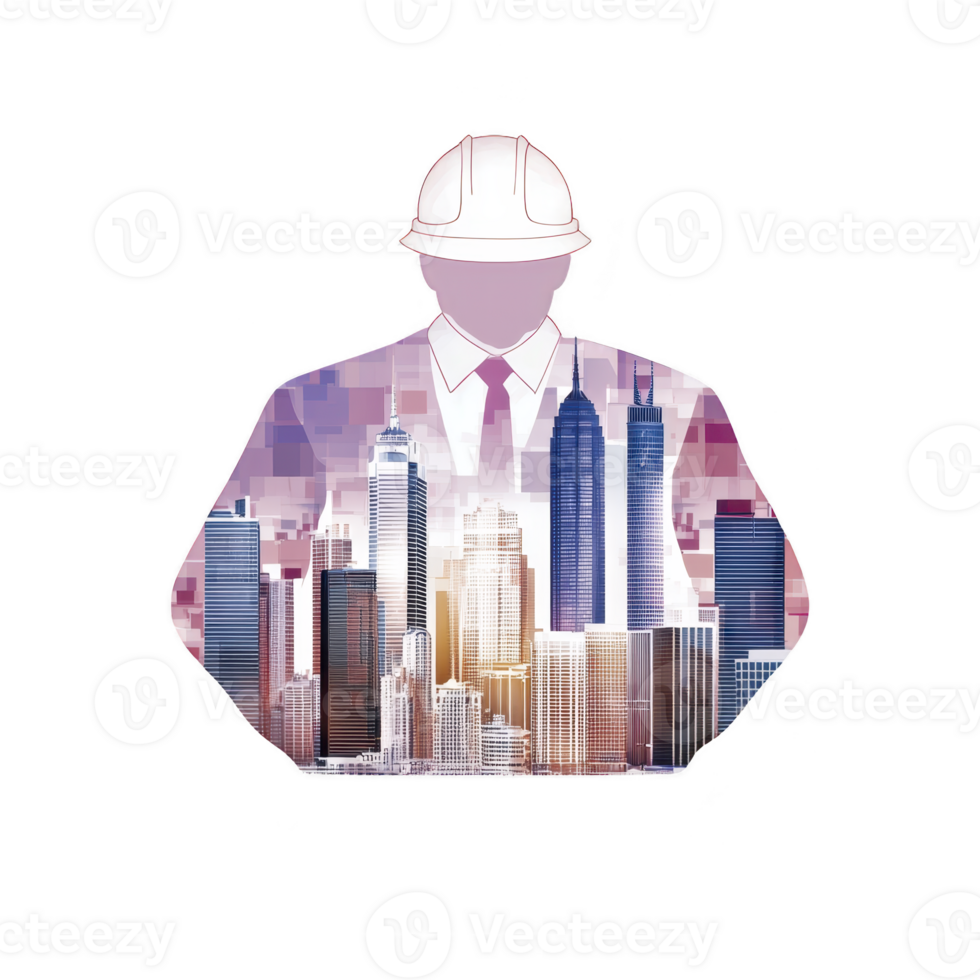 A silhouette of person wearing hard hat is overlaid with cityscape, symbolizing urban development and construction. image blends human and architectural elements, highlighting connection between png