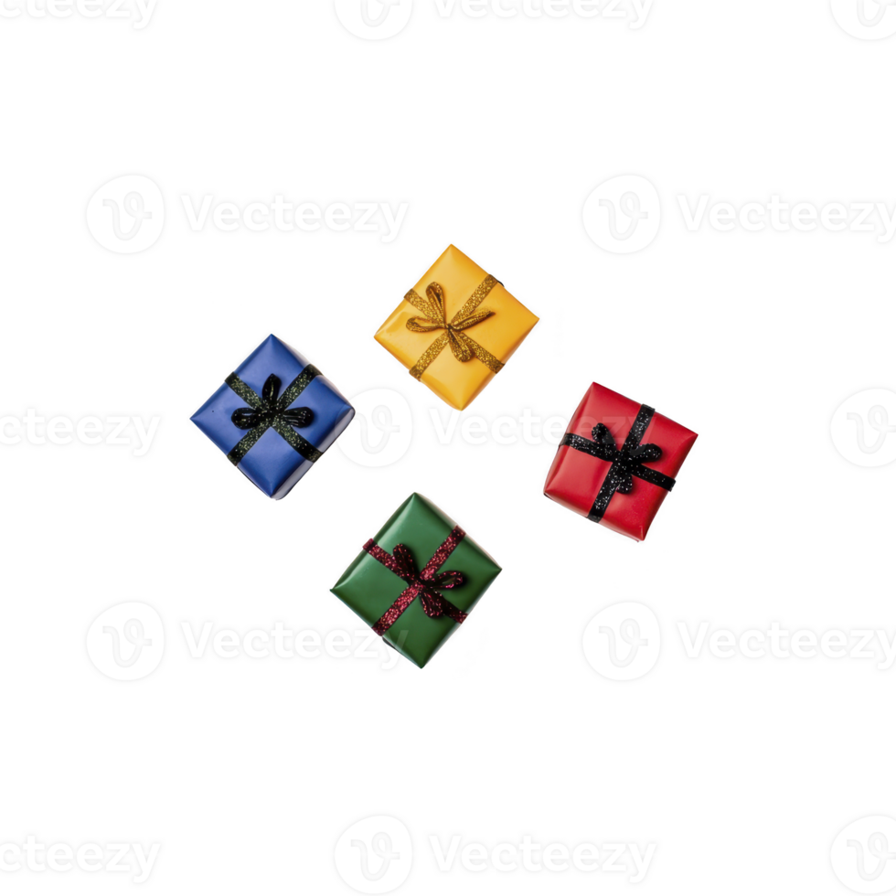 A Four colorful gift boxes with ribbons arranged on transparency background, showcasing festive and celebratory theme. boxes are in blue, yellow, green, and red, each tied with decorative bow png