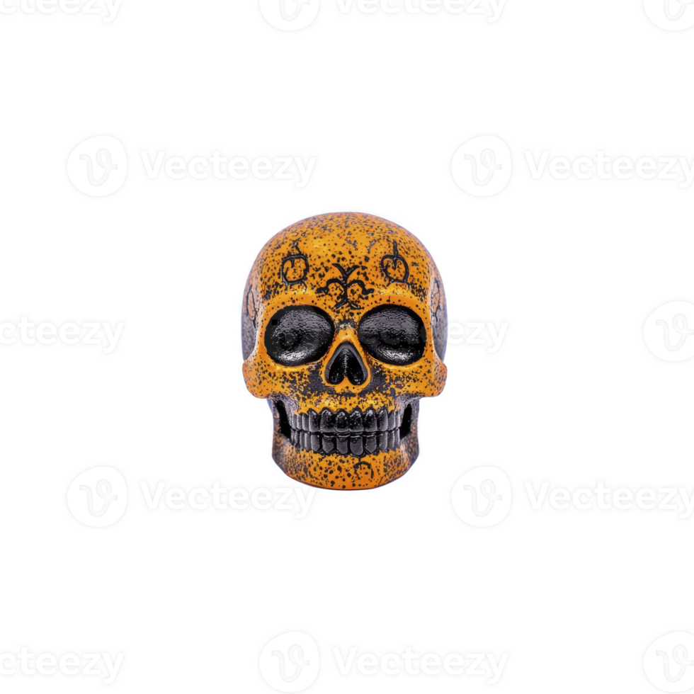 A vibrant orange skull with intricate black patterns, reminiscent of Day of Dead decorations, stands out against plain background, evoking festive and mysterious atmosphere png