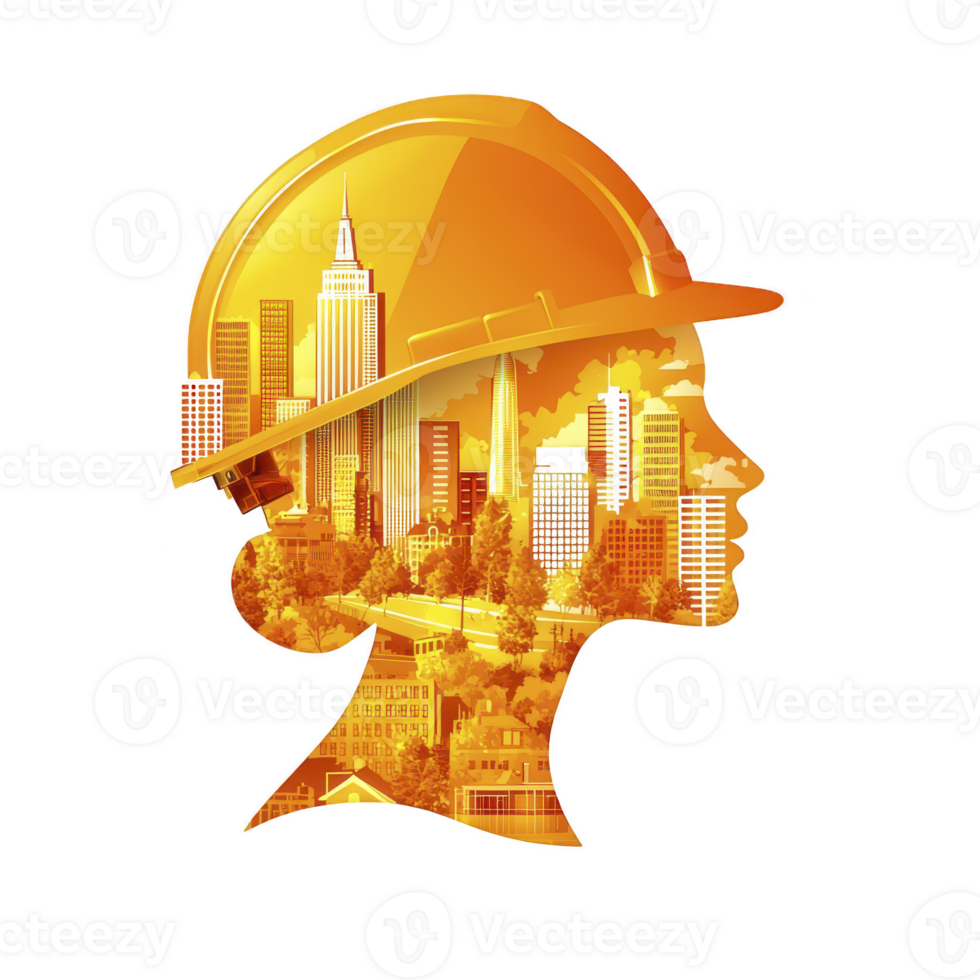 A silhouette of construction worker wearing hard hat is filled with cityscape, symbolizing urban development and role of workers building cities. image blends human and architectural elements png