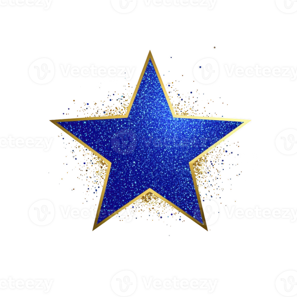 A vibrant blue star with golden outline and sparkling glitter effect creates dazzling visual impact against transparency background. shimmering design adds touch of elegance and celebration png