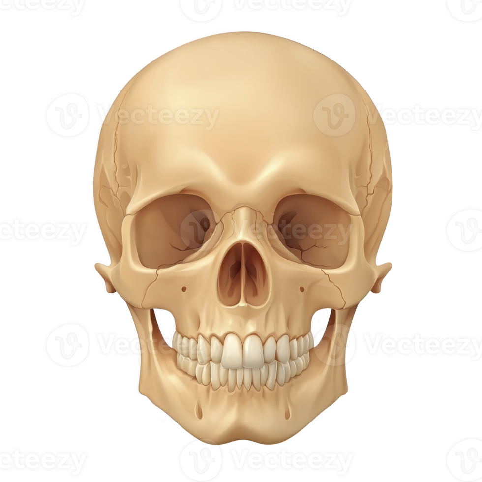 A detailed illustration of human skull showcasing anatomical features, including eye sockets, nasal cavity, and teeth, set against plain background png